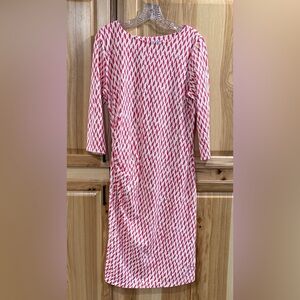 J. McLaughlin Catalina Cloth Red Pink White Ruched Patterned Sheath Dress Sz L